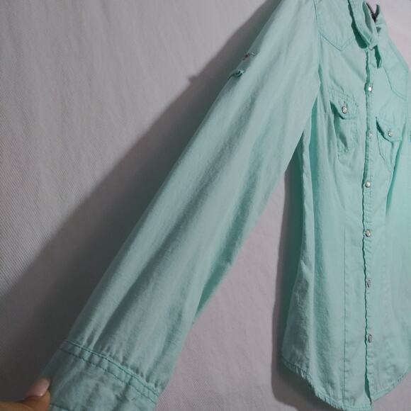 Fun & Flirt Mint Green Pearl Snap Button-Up Western Casual Shirt Size M - Picture 3 of 7